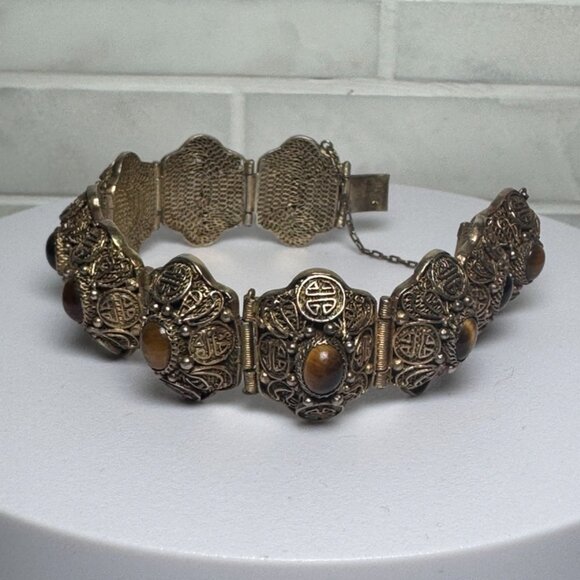Vtg Chinese Export Bracelet Tiger's Eye Cabochon Silver Gilded Vermeil Filigree - Picture 15 of 16